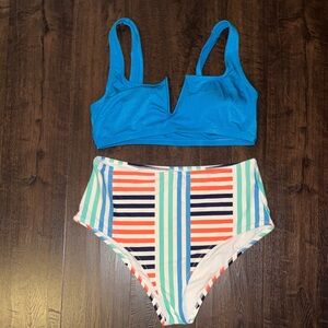 Aerie Blue Bikini with Striped Bottoms